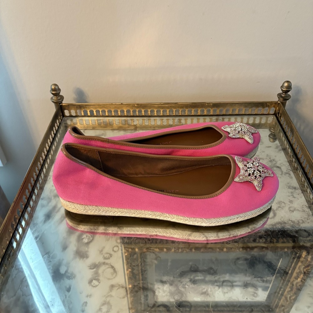 Isaac Mizrahi Shoes Womens Size 10 Pink Canvas Starfish Jeweled Espadrille Flats